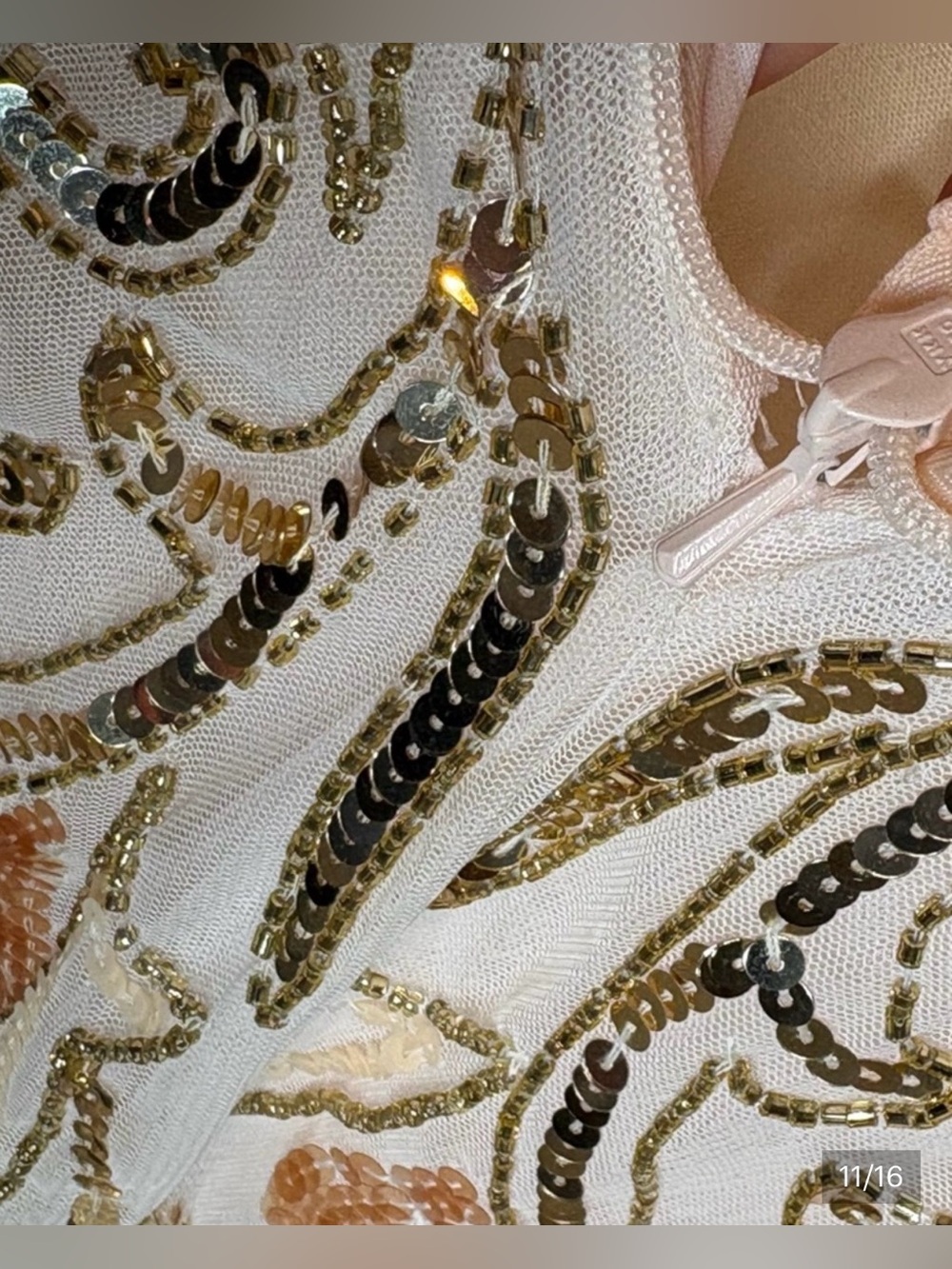 Floral Embroidered Ivory Evening Gown with Pink & Gold Detail - Picture 10 of 13
